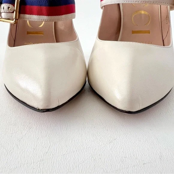 GUCCI | Sylvie Web Stripe Buckle White Leather Pumps EU 36 - Picture 4 of 16